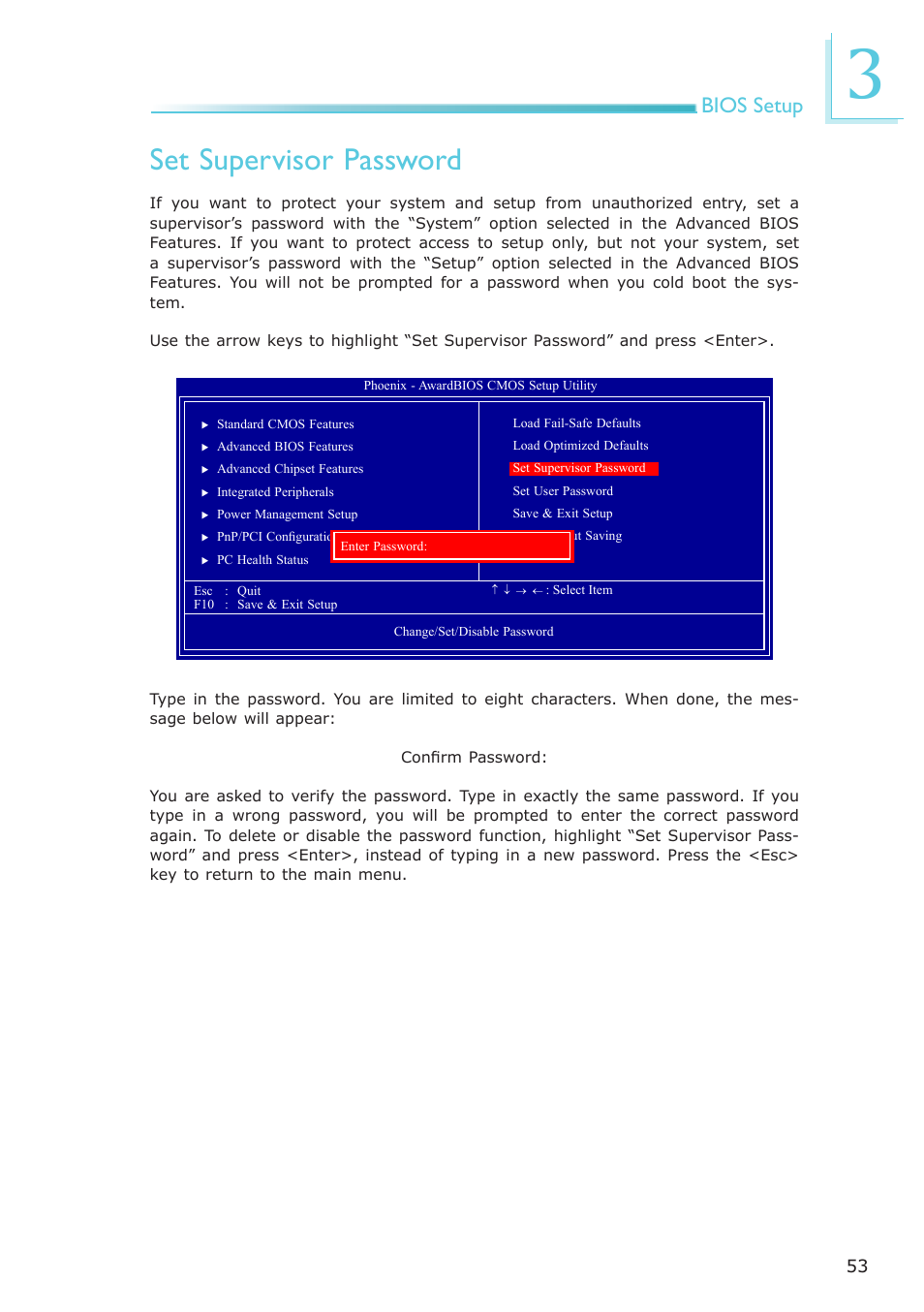 Set supervisor password, Bios setup | DFI ML905-B11C/B16C User Manual | Page 53 / 76