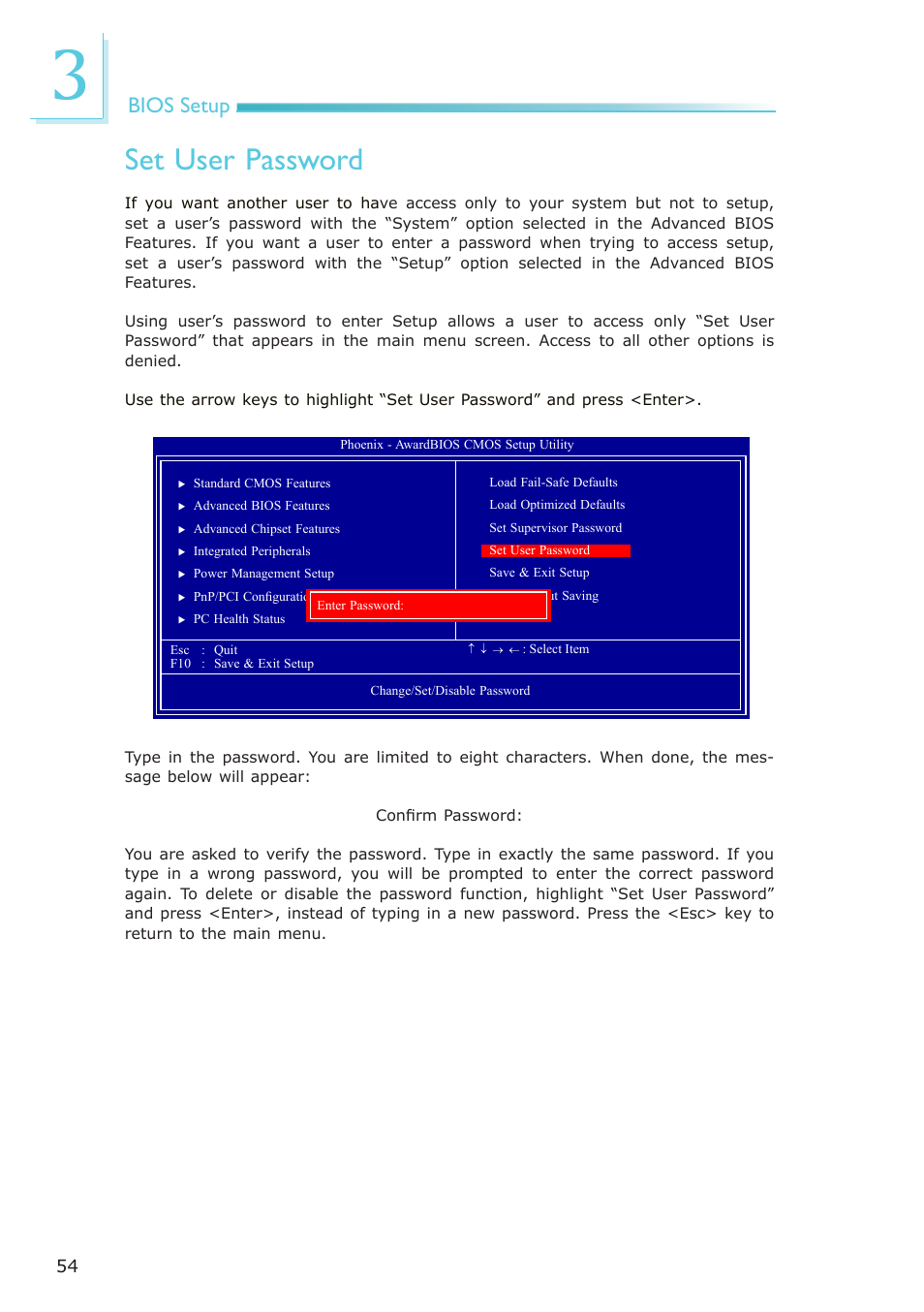 Set user password, Bios setup | DFI ML905-B11C/B16C User Manual | Page 54 / 76