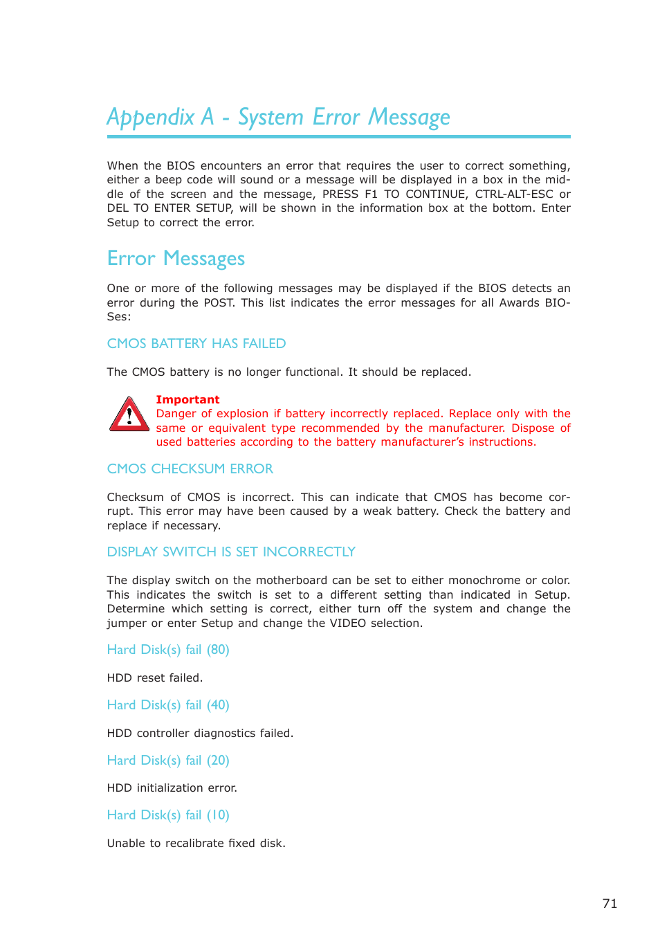 Appendix a - system error message, Error messages | DFI ML905-B11C/B16C User Manual | Page 71 / 76