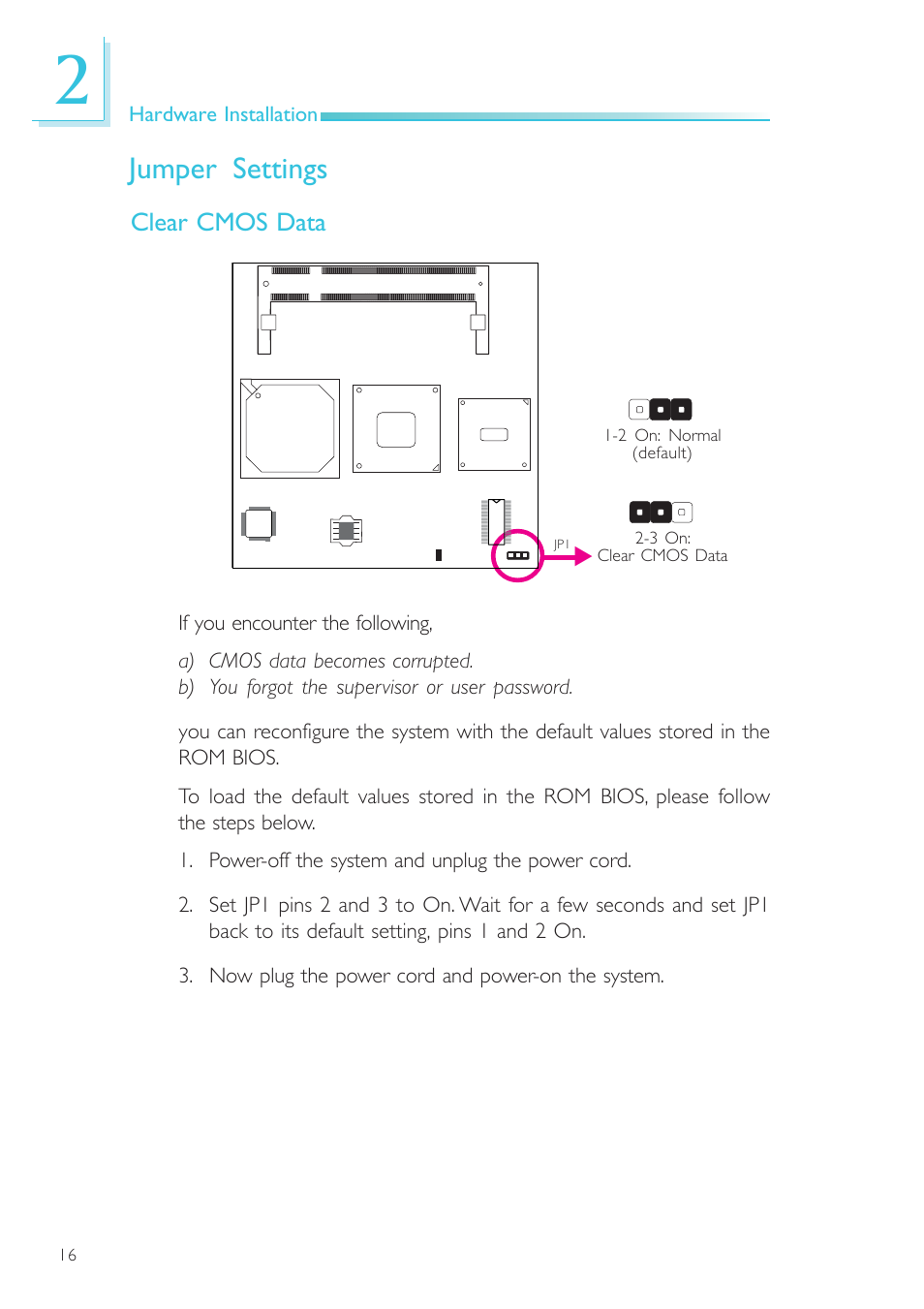 Jumper settings, Clear cmos data | DFI NP905-B16C User Manual | Page 16 / 125