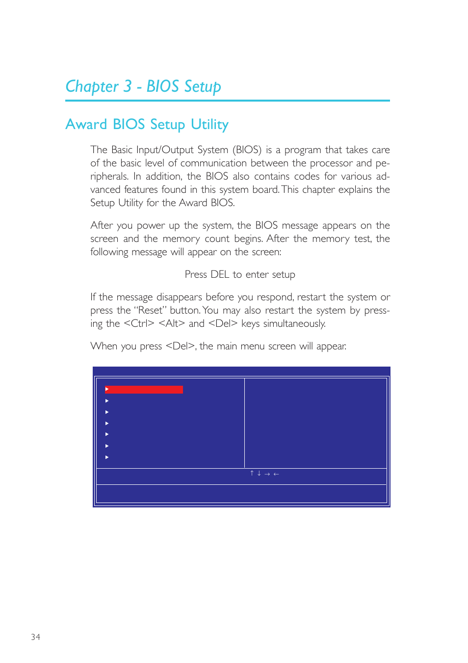 Chapter 3 - bios setup, Award bios setup utility | DFI NP905-B16C User Manual | Page 34 / 125