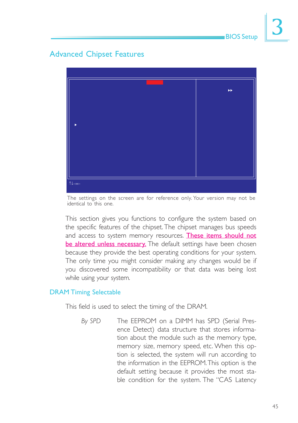 Advanced chipset features, Bios setup | DFI NP905-B16C User Manual | Page 45 / 125