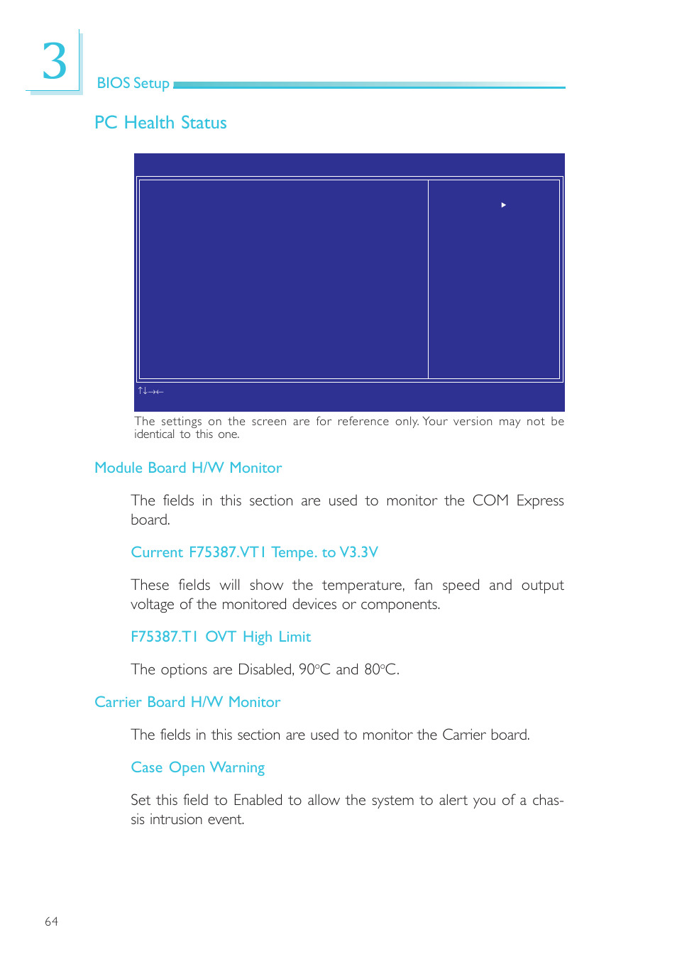 Pc health status, Bios setup, C and 80 | DFI NP905-B16C User Manual | Page 64 / 125