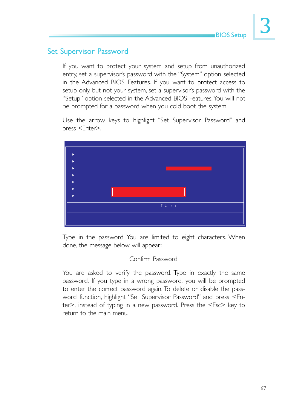 Set supervisor password, Bios setup | DFI NP905-B16C User Manual | Page 67 / 125