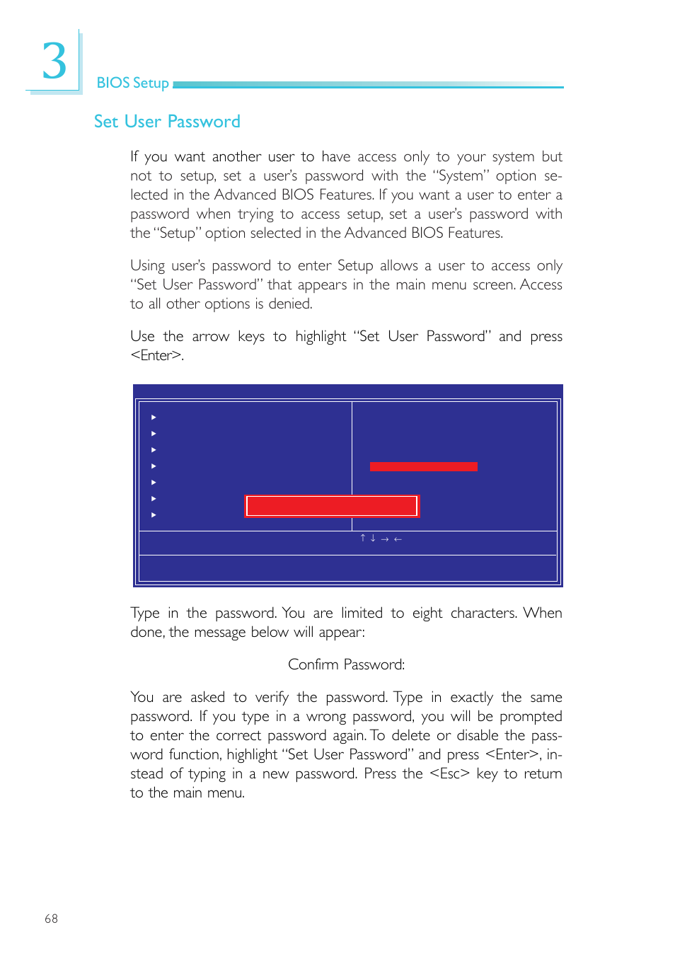 Set user password, Bios setup | DFI NP905-B16C User Manual | Page 68 / 125