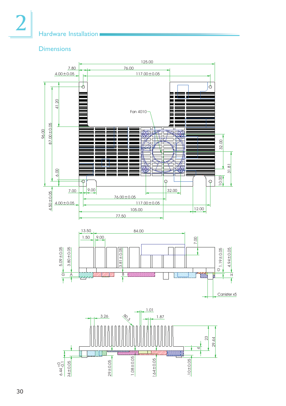 Dimensions, Hardware installation dimensions | DFI CA900-B User Manual | Page 30 / 130