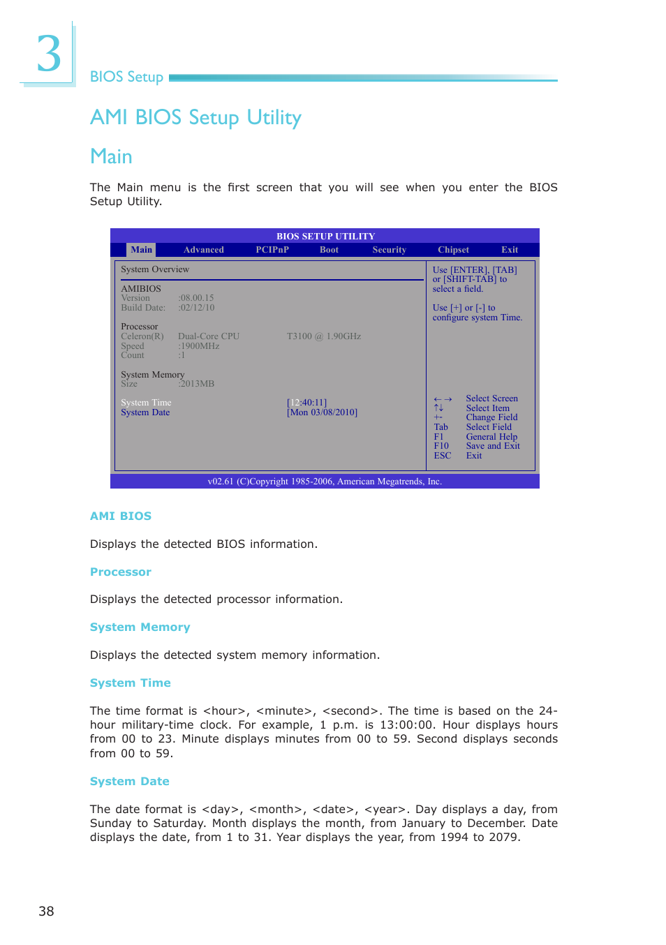 Ami bios setup utility, Main, Bios setup | DFI CA900-B User Manual | Page 38 / 130