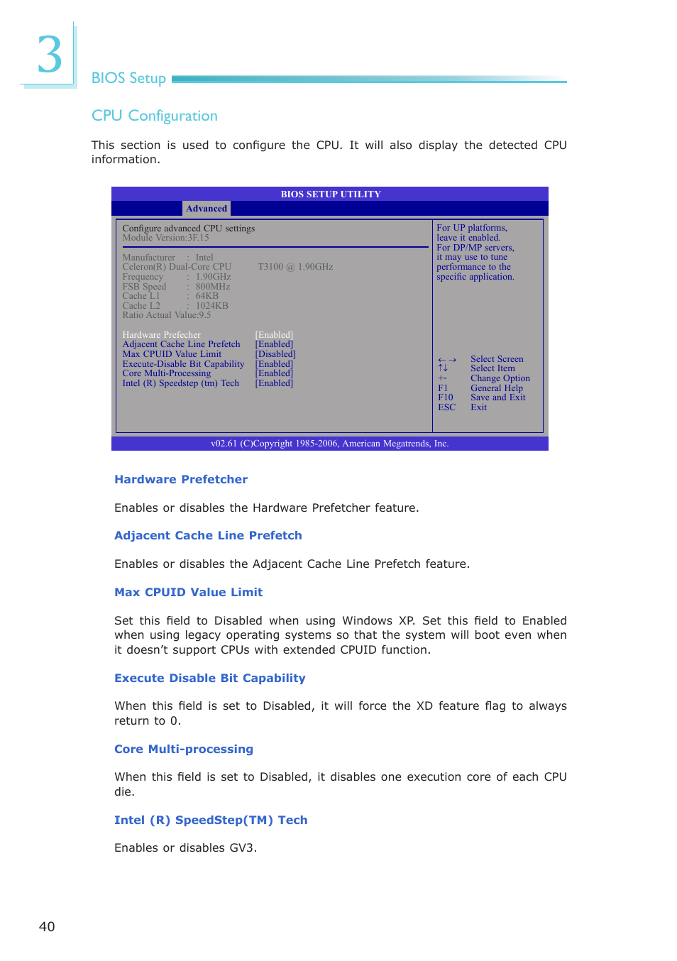 Bios setup cpu configuration | DFI CA900-B User Manual | Page 40 / 130