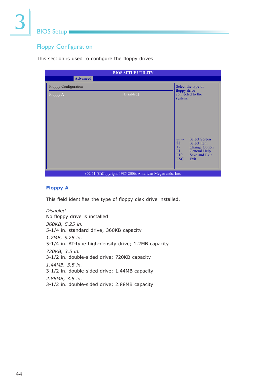 Bios setup floppy configuration | DFI CA900-B User Manual | Page 44 / 130