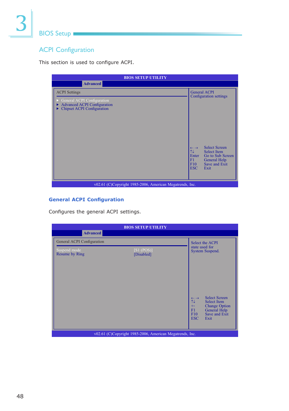 Bios setup acpi configuration | DFI CA900-B User Manual | Page 48 / 130