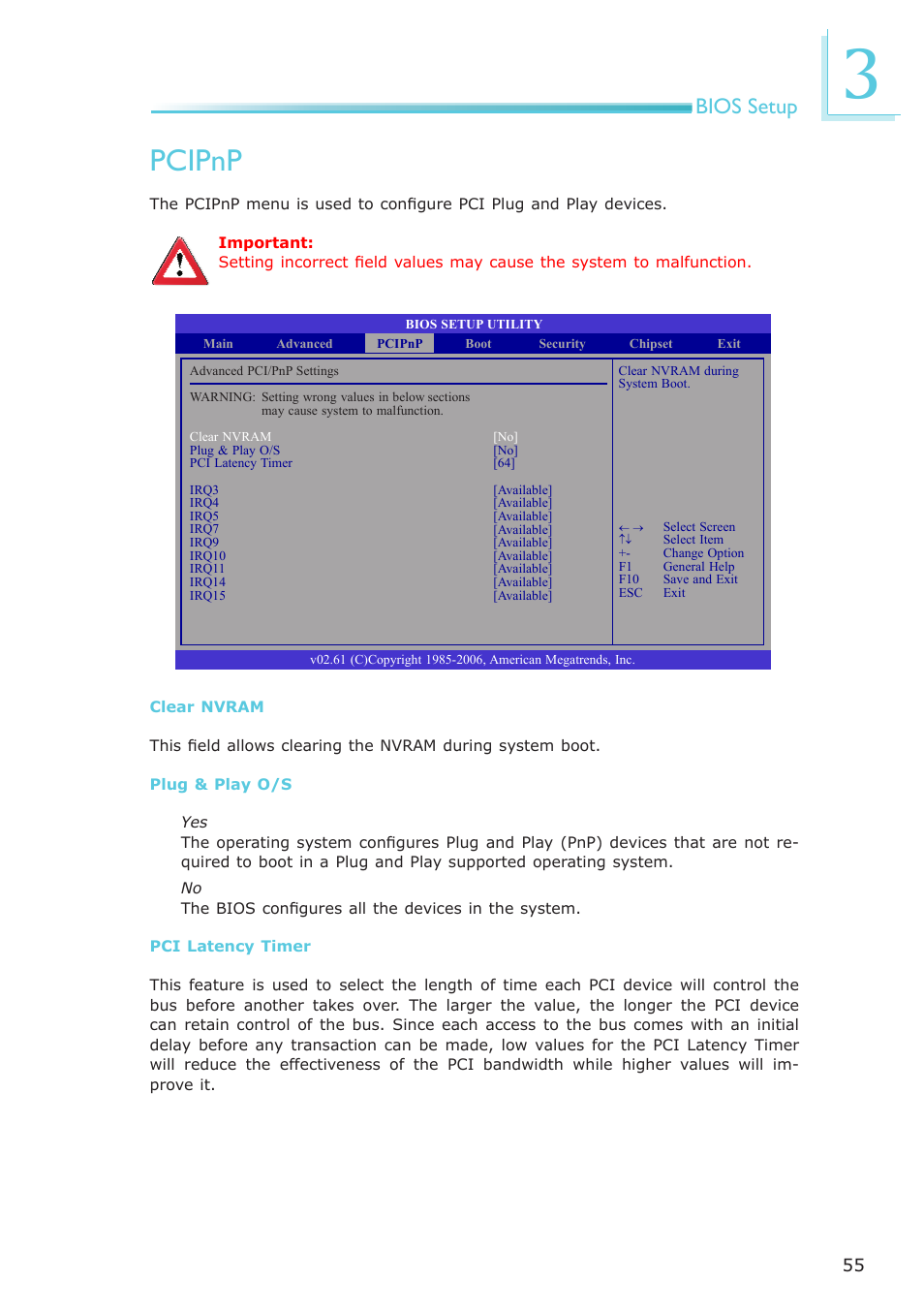 Pcipnp, Bios setup | DFI CA900-B User Manual | Page 55 / 130