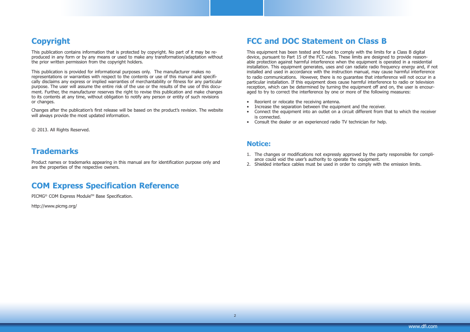 Copyright, Trademarks, Com express sepcification reference | Fcc and doc statement on class b, Com express specification reference, Notice | DFI CM901-B User Manual | Page 2 / 72