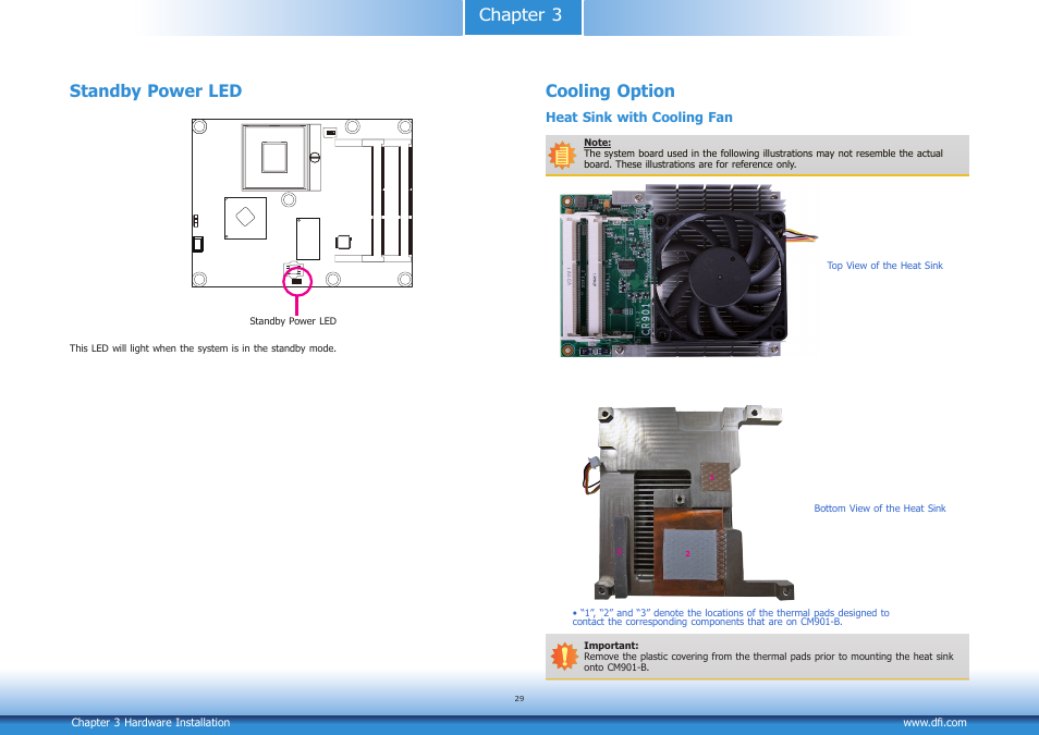 Standby power led, Cooling option, Chapter 3 standby power led | DFI CM901-B User Manual | Page 29 / 72