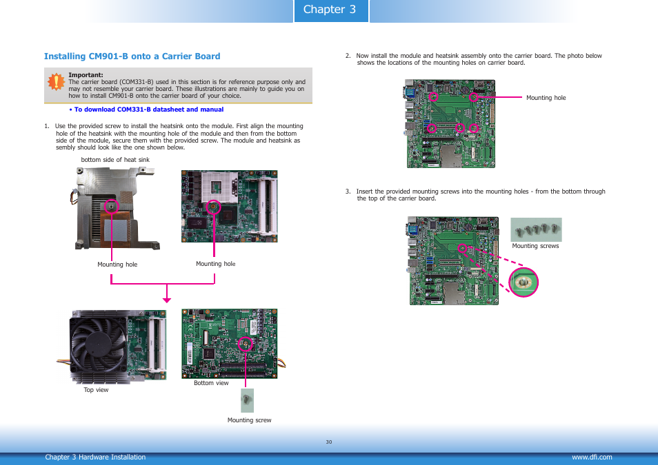 Installing cm901-b onto a carrier board, Chapter 3 | DFI CM901-B User Manual | Page 30 / 72