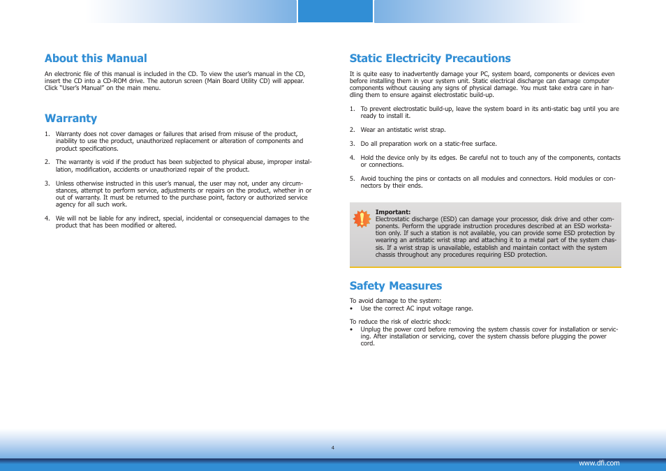 About this manual, Warranty, Static electricity precautions | Safety measures | DFI CM901-B User Manual | Page 4 / 72