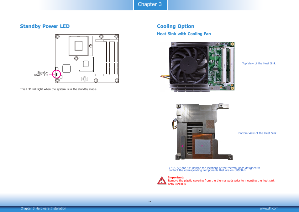 Standby power led, Cooling option, Chapter 3 standby power led | DFI CR900-B User Manual | Page 29 / 73