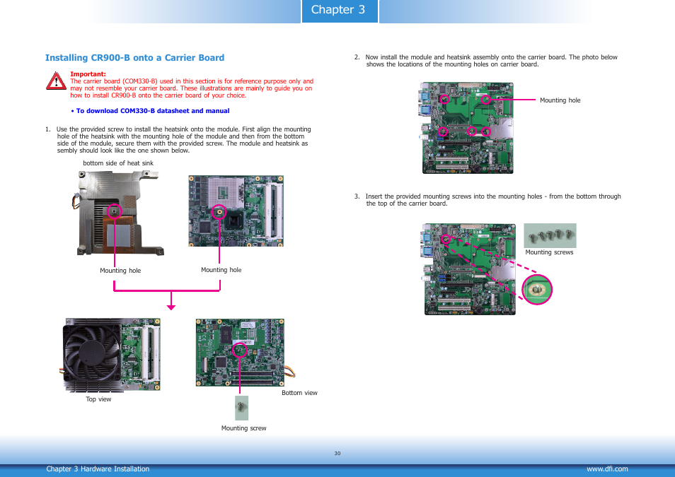 Installing cr900 -b onto a carrier board, Chapter 3 | DFI CR900-B User Manual | Page 30 / 73