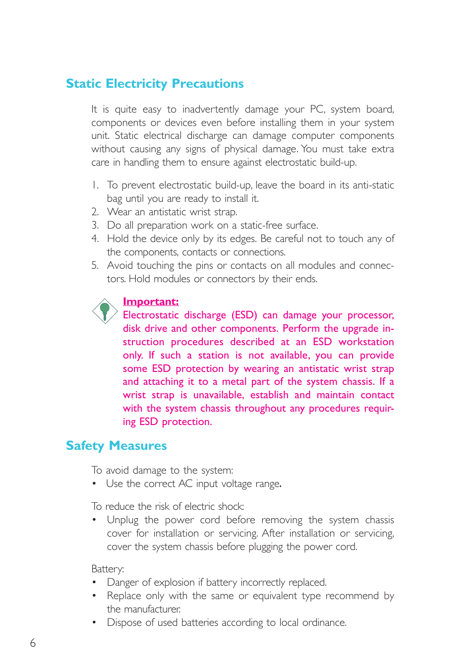 Static electricity precautions, Safety measures | DFI G5C900-B User Manual | Page 6 / 118