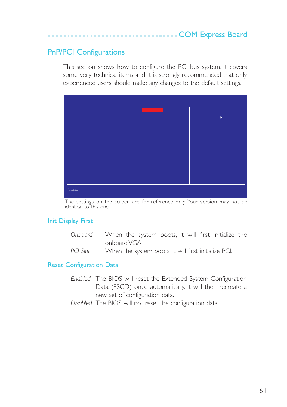 Com express board pnp/pci configurations | DFI G5C900-B User Manual | Page 61 / 118