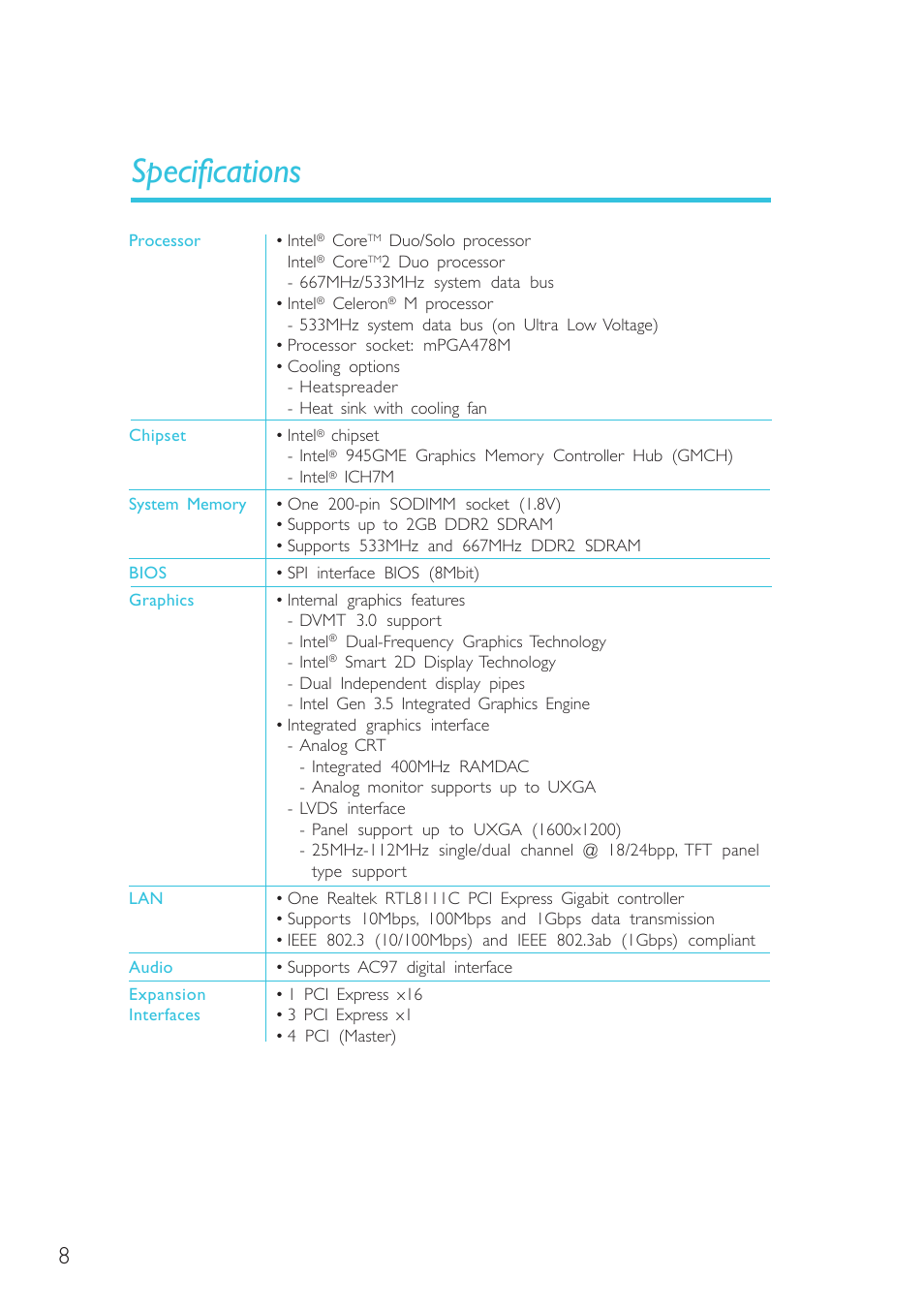 Specifications, Com express board | DFI G5C900-B User Manual | Page 8 / 118