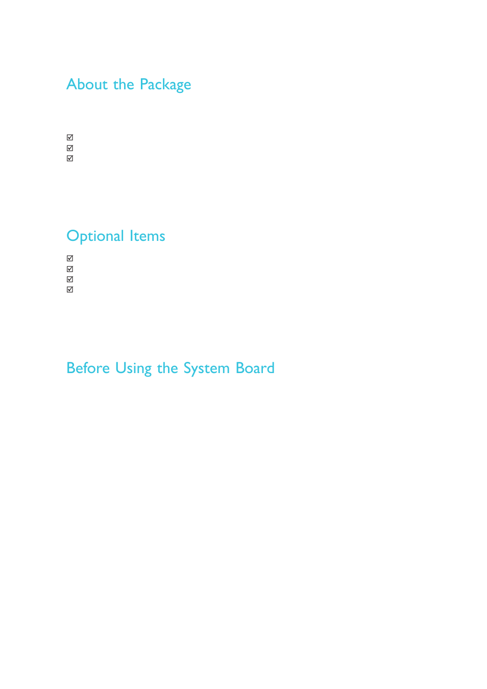 About the package, Before using the system board, Optional items | DFI HR900-B User Manual | Page 8 / 102