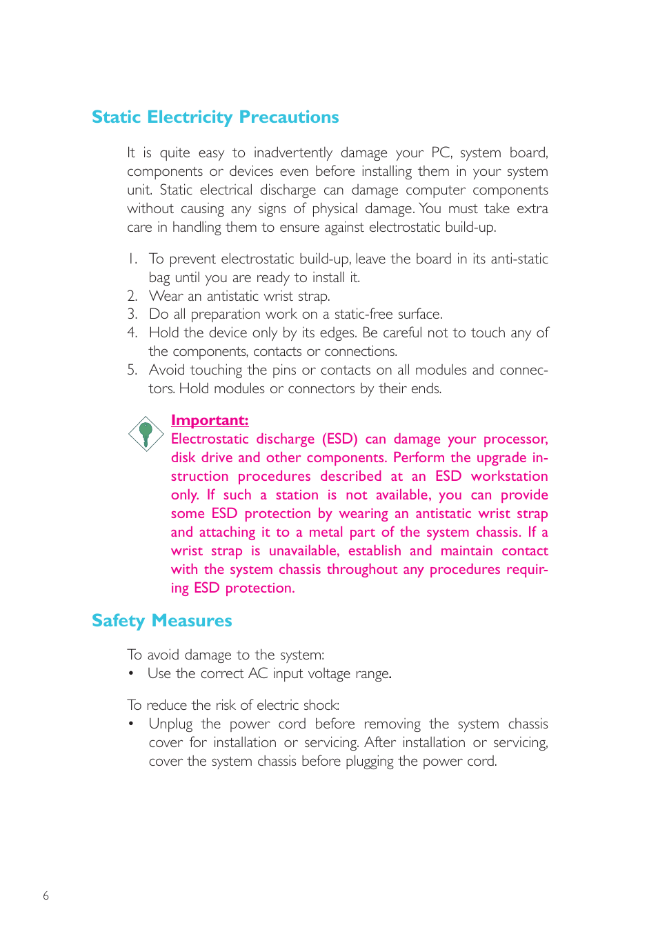 Static electricity precautions, Safety measures | DFI NP900-B16C User Manual | Page 6 / 121