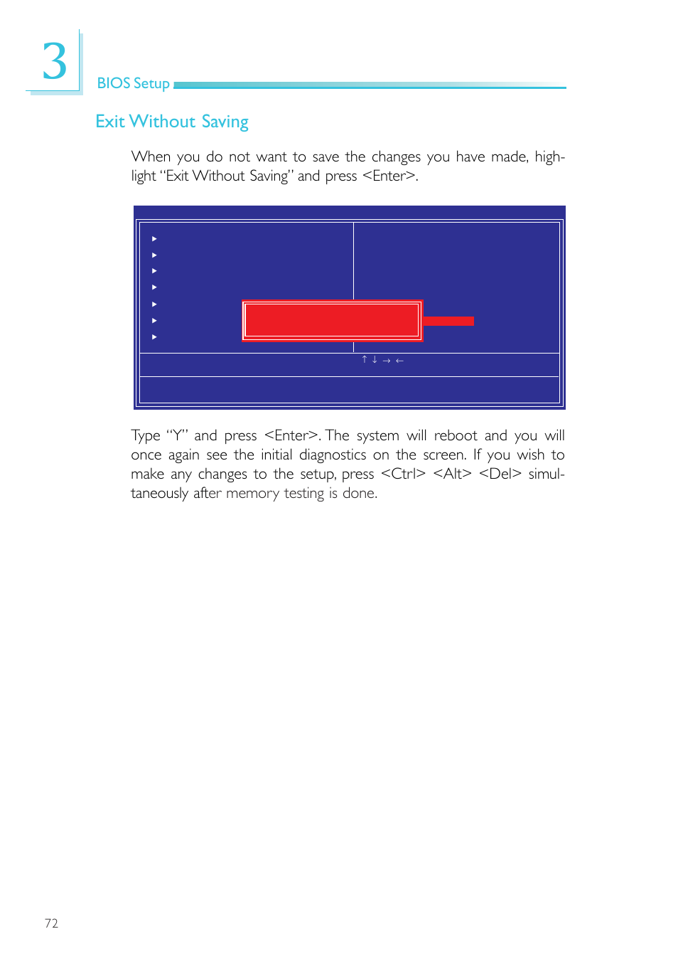 Exit without saving, Bios setup | DFI NP900-B16C User Manual | Page 72 / 121