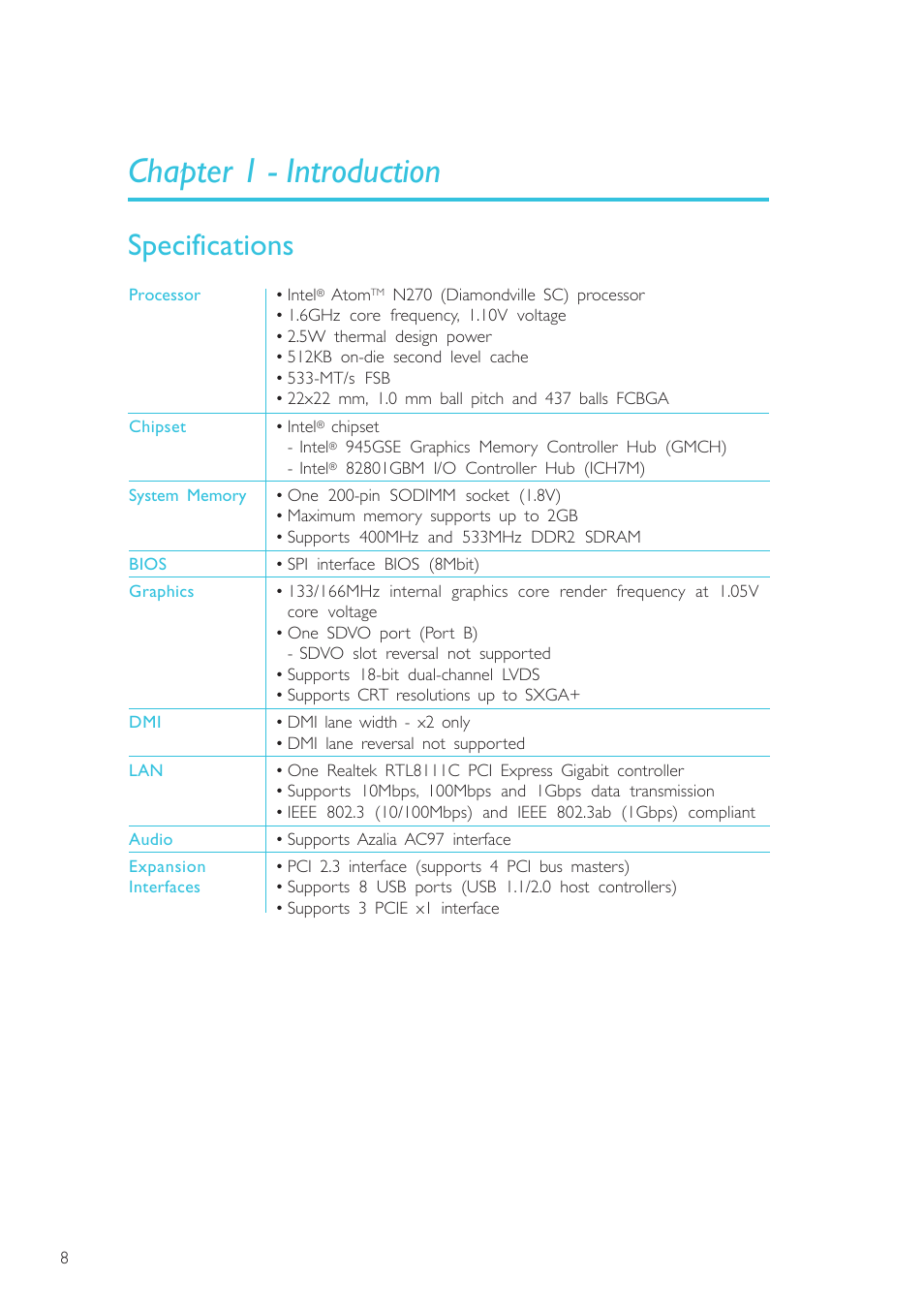 Chapter 1 - introduction, Specifications, Introduction | DFI NP900-B16C User Manual | Page 8 / 121