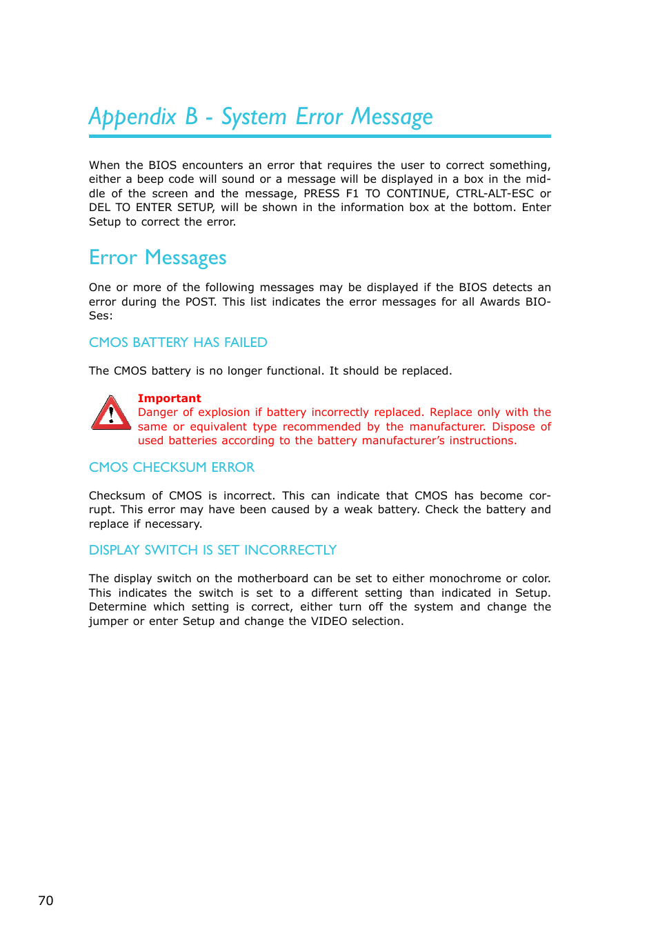 Appendix b - system error message, Error messages | DFI QB701-B User Manual | Page 70 / 73