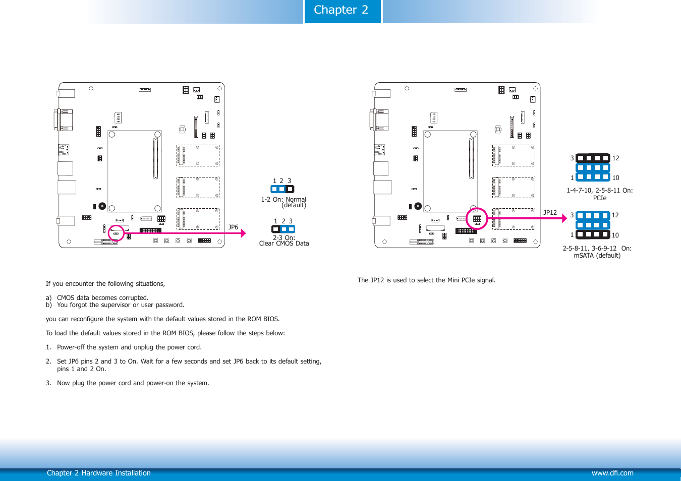 Chapter 2, Clear cmos data, Mini pcie3 signal select | DFI COM100-B User Manual | Page 10 / 32