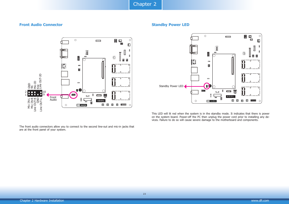 Chapter 2, Standby power led, Front audio connector | DFI COM100-B User Manual | Page 23 / 32