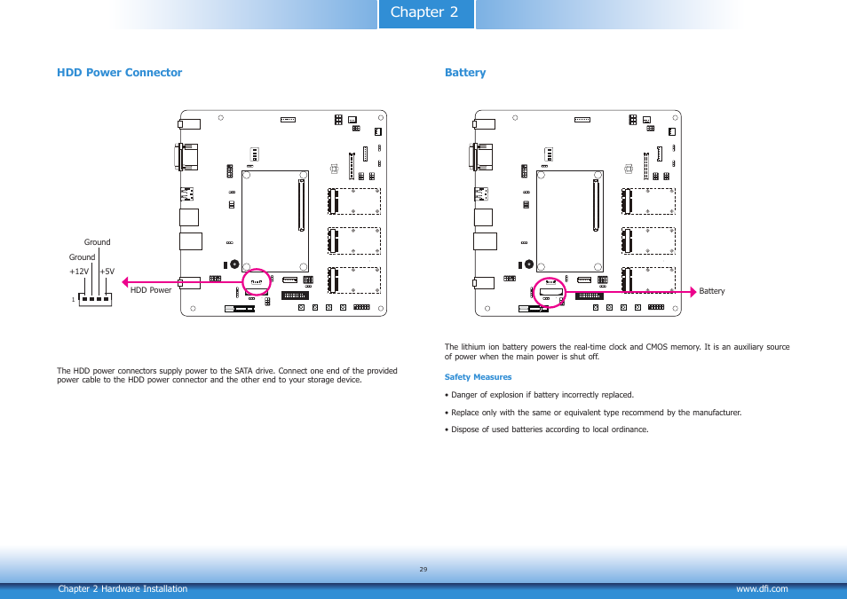 Chapter 2, Hdd power connector, Battery | DFI COM100-B User Manual | Page 29 / 32