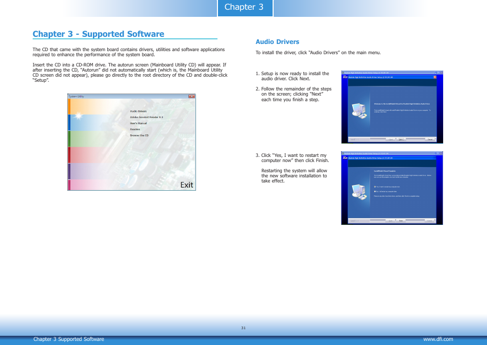 Chapter 3 - supported software, Chapter 3 chapter 3 - supported software | DFI COM100-B User Manual | Page 31 / 32