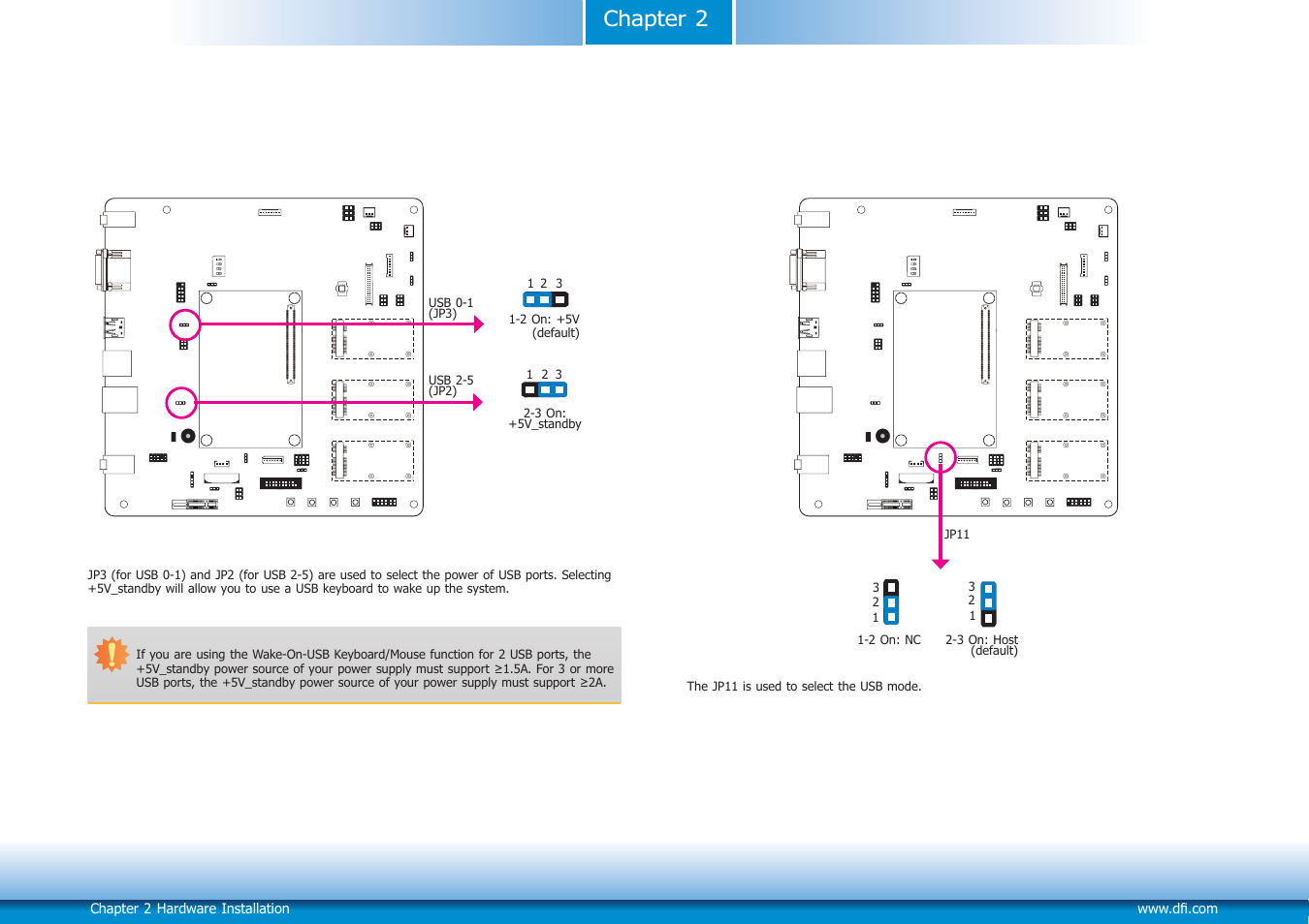 Jumper settings, Chapter 2 jumper settings, Usb power select | Usb mode select | DFI COM100-B User Manual | Page 9 / 32