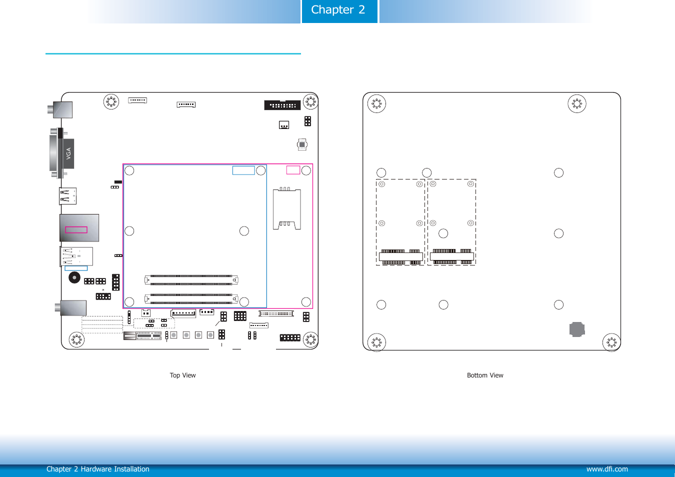 Chapter 2 - hardware installation, Board layout, Top view bottom view | Vg a | DFI COM101-BAT User Manual | Page 7 / 32