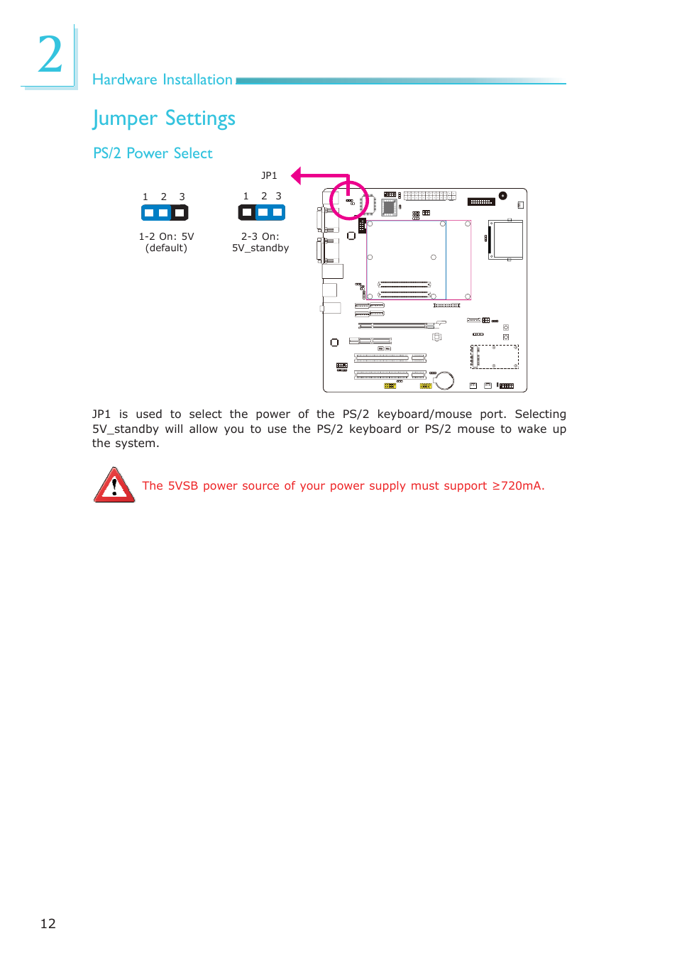 Jumper settings, Hardware installation, Ps/2 power select | DFI COM330-B User Manual | Page 12 / 57