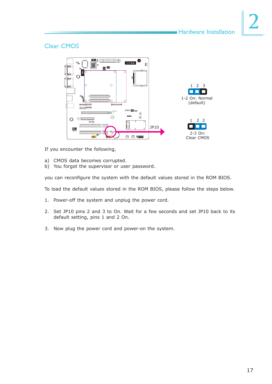 Hardware installation, Clear cmos | DFI COM330-B User Manual | Page 17 / 57