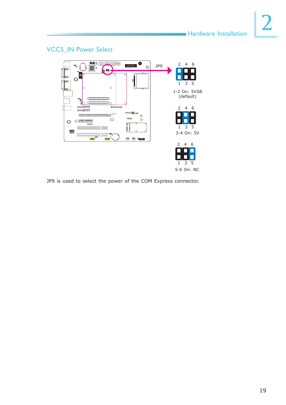 Hardware installation, Vcc5_in power select | DFI COM330-B User Manual | Page 19 / 57