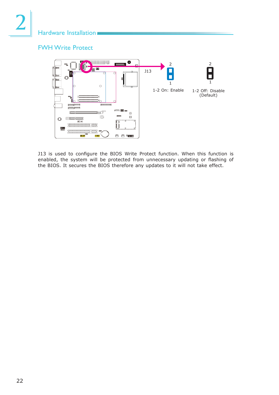 Hardware installation, Fwh write protect | DFI COM330-B User Manual | Page 22 / 57