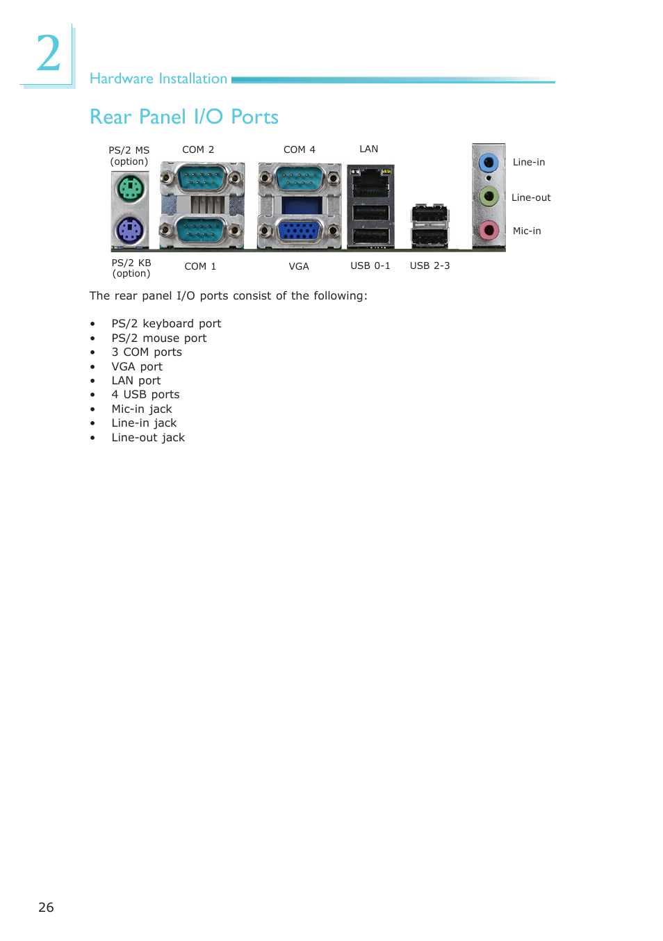 Rear panel i/o ports, Hardware installation | DFI COM330-B User Manual | Page 26 / 57