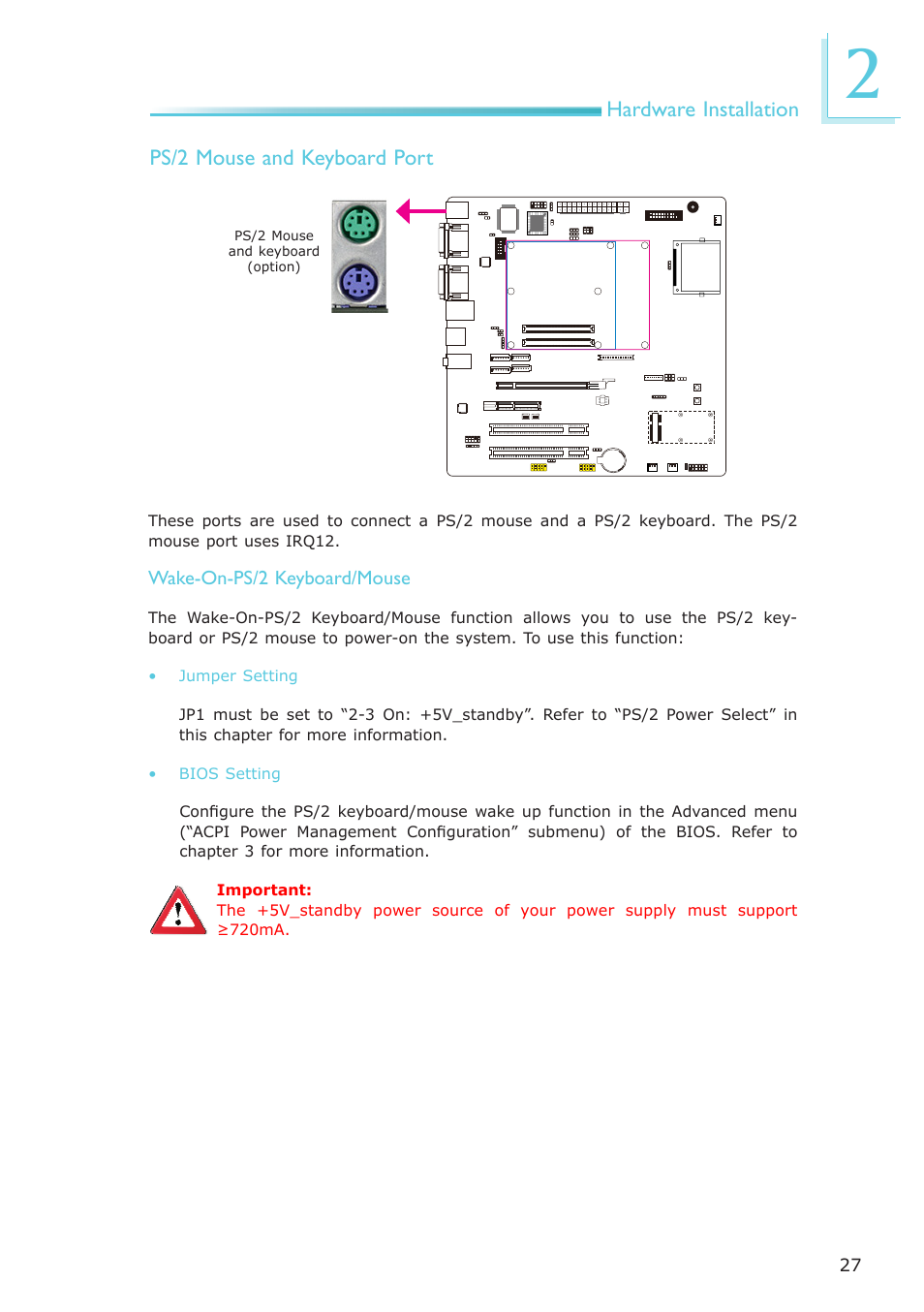 Hardware installation, Ps/2 mouse and keyboard port | DFI COM330-B User Manual | Page 27 / 57