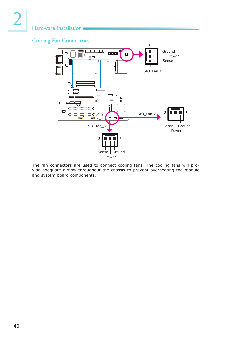 Hardware installation, Cooling fan connectors | DFI COM330-B User Manual | Page 40 / 57