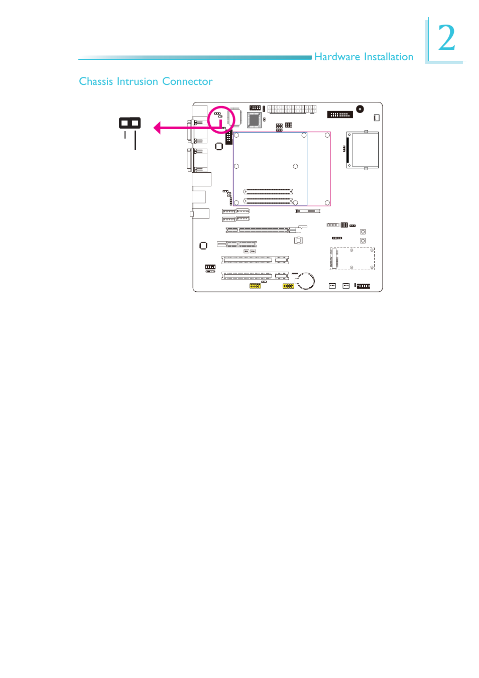 Hardware installation, Chassis intrusion connector | DFI COM330-B User Manual | Page 49 / 57