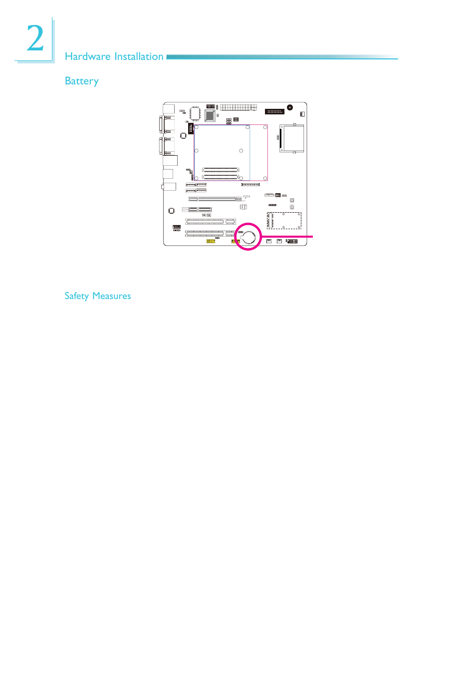 Hardware installation, Battery, Safety measures | DFI COM330-B User Manual | Page 50 / 57