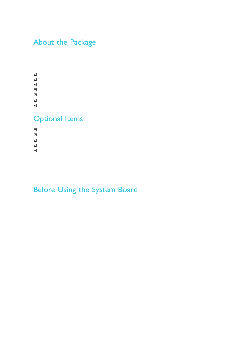 About the package, Before using the system board, Optional items | DFI COM330-B User Manual | Page 8 / 57