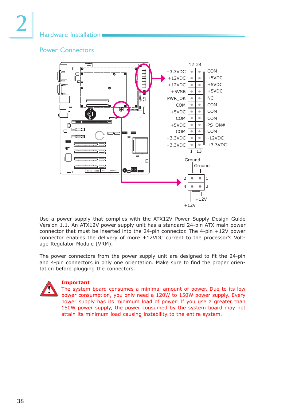 Hardware installation power connectors | DFI COM630-B User Manual | Page 38 / 50