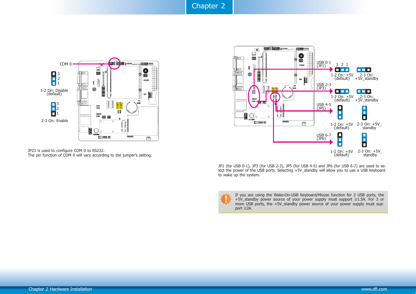 Jumper settings, Chapter 2 jumper settings, Com 0 rs232 select | Usb power select | DFI Q7-100 User Manual | Page 9 / 31
