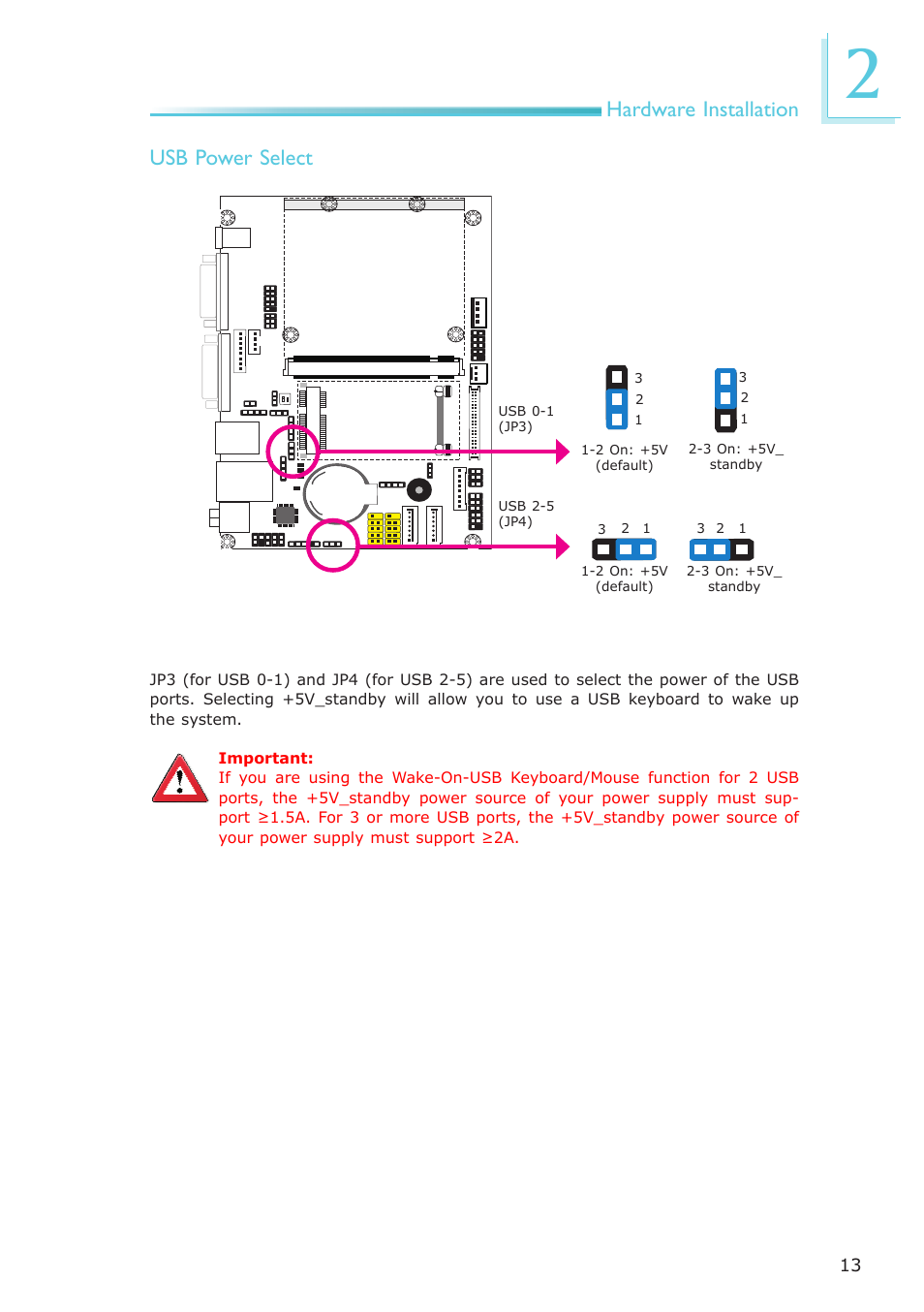 Hardware installation, Usb power select | DFI Q7-951 User Manual | Page 13 / 46