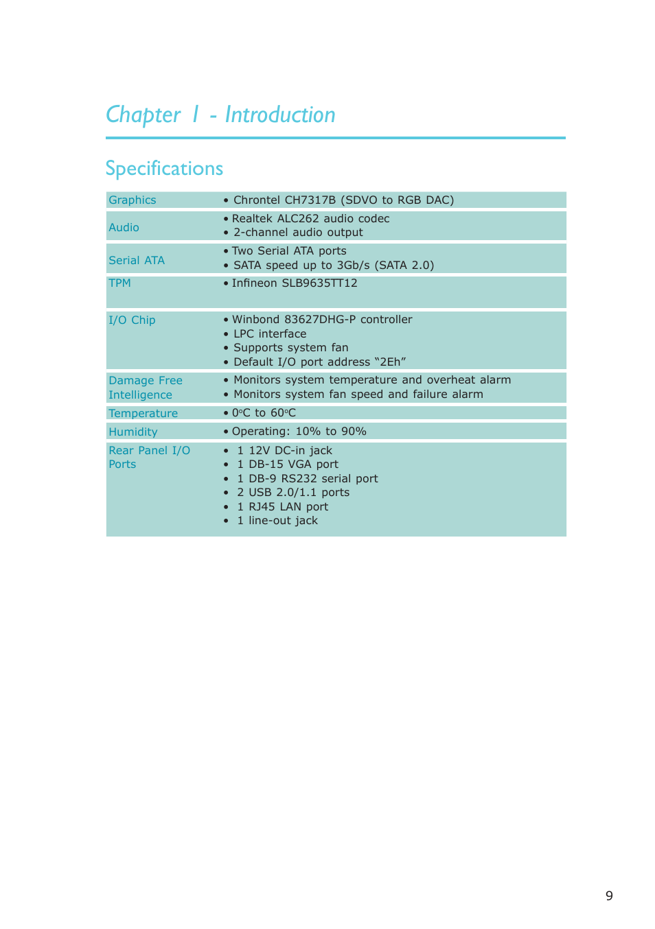 Chapter 1 - introduction, Specifications | DFI Q7-951 User Manual | Page 9 / 46
