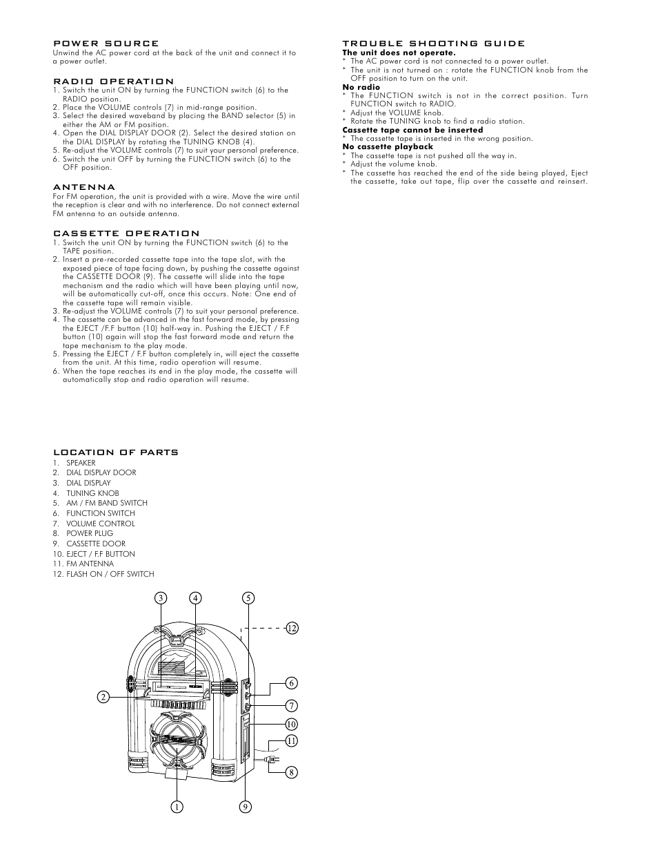Trouble shooting guide, Power source, Radio operation | Antenna, Cassette operation, Location of parts | Crosley Radio Crosley Jukebox CR11 User Manual | Page 2 / 2